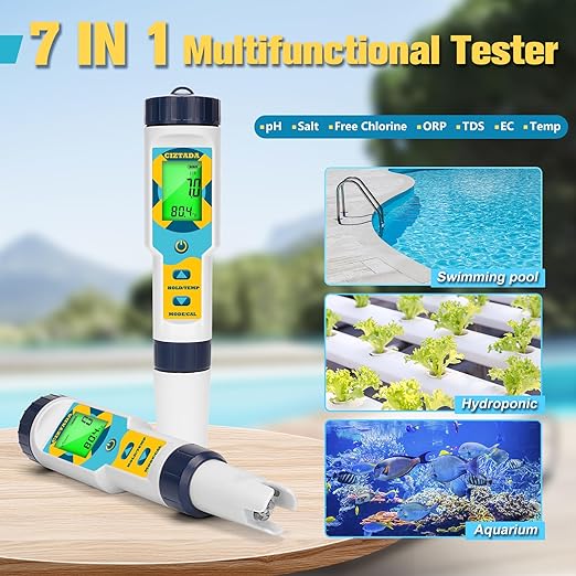 Saltwater Pool Tester Free Chlorine Meter pH and Salinity Tester 7 in 1 Free Chlorine pH Salt ORP TDS EC Temp Meter Digital Pool Water Tester pH and Free Chlorine Meter for Pool Hot Tub Spa