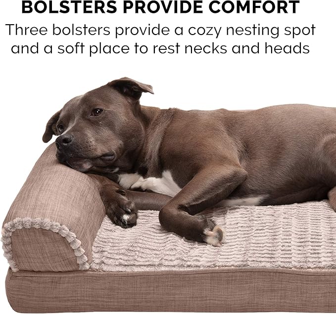 Furhaven Orthopedic Dog Bed for Large Dogs w/ Removable Bolsters & Washable Cover, For Dogs Up to 125 lbs - Luxe Faux Fur & Performance Linen Sofa - Woodsmoke, Jumbo Plus/XXL