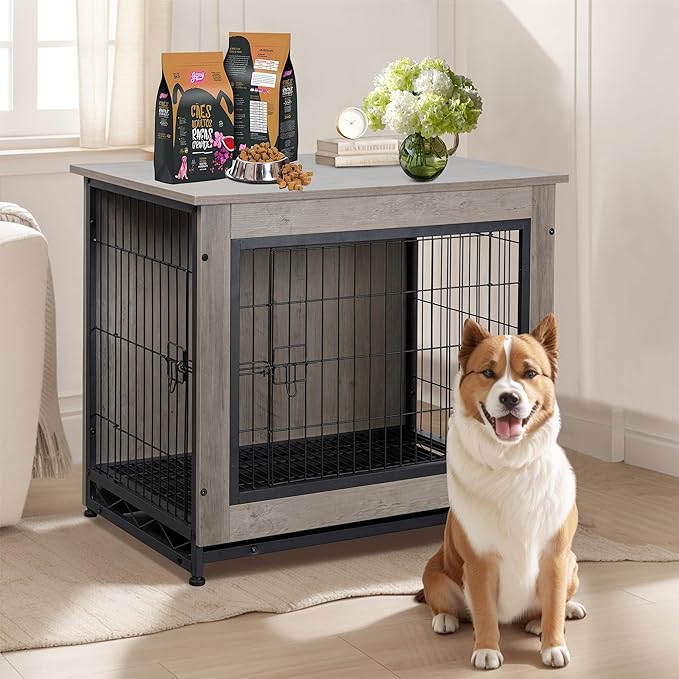 Shintenchi Wooden Dog Crate Furniture, Double-Doors Kennel Indoor with Removable Tray, End Table Dog Crate for Decoration, 32" L*22" W*25" H, Grey