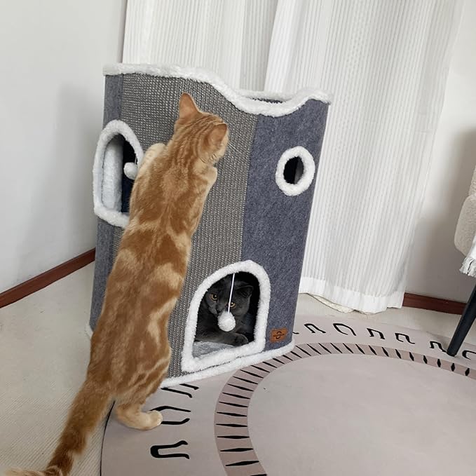 3-Level Cat House for Indoor Cats,Covered Cat Beds and Furniture with Scratch Pad,Hideaway Cave &cushions,Modern Cat Tower Condo for Multi Small Pet and Large Cats