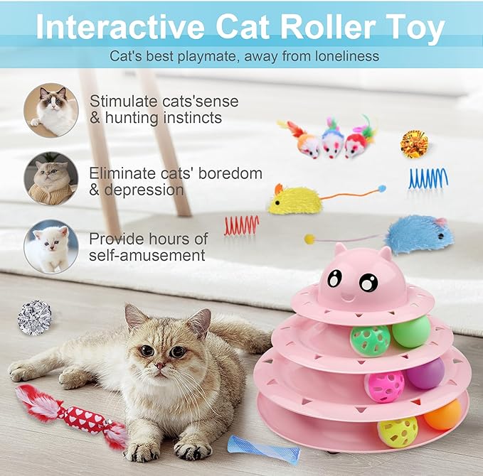 UPSKY 24 PCS Cat Toys, 3-Level Turntable Kitten Toys Set, Interactive Cat Roller Toys for Indoor Cats, Catnip Toys, Cat Teaser Toys, Mice Toys, Spring Toys, Various Ball Toys for Kitty.