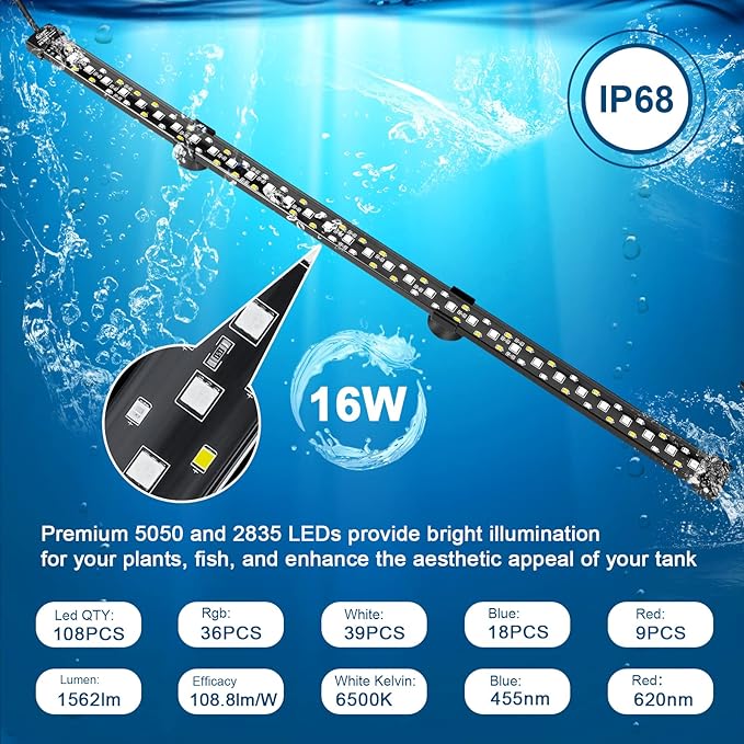 hygger 24/7 Mode Submersible Aquarium LED Light, Full Spectrum Hidden Fish Tank Light with 3 Rows Beads 7 Colors Auto On Off Sunrise-Daylight-Moonlight, Adjustable Timer Brightness (27.6in 16W)