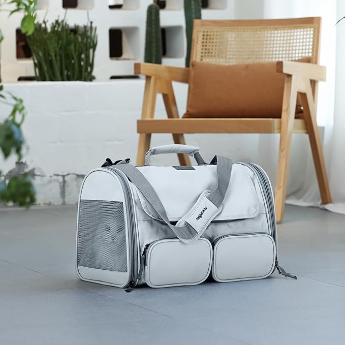 FUKUMARU Cat Carrier, Soft-Sided Pet Carriers for Small Dogs and Medium Cats Under 12lb, Airline Approved Travel Cat Bag with Double-sided Cushion and 4 Storage Bags, Portable and Washable,Grey S