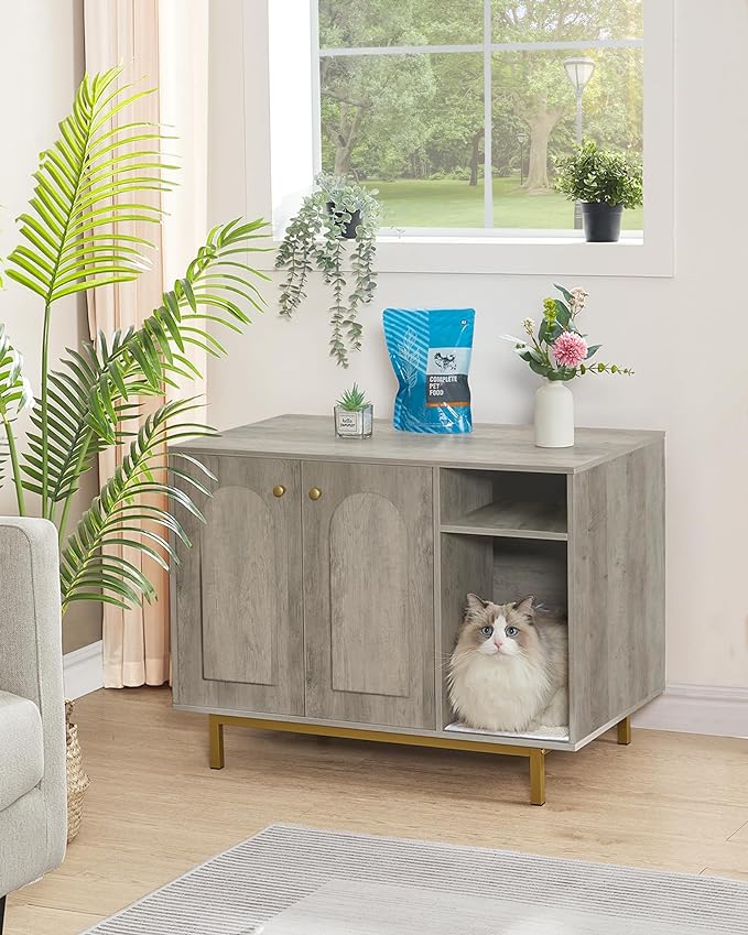 Cat Litter Box Enclosure, Hidden Litter Box Furniture, Wooden Pet House Side End Table, Storage Cabinet Bench, Fit Most Cat and Litter Box, Living Room, Bedroom, Greige CB01505G