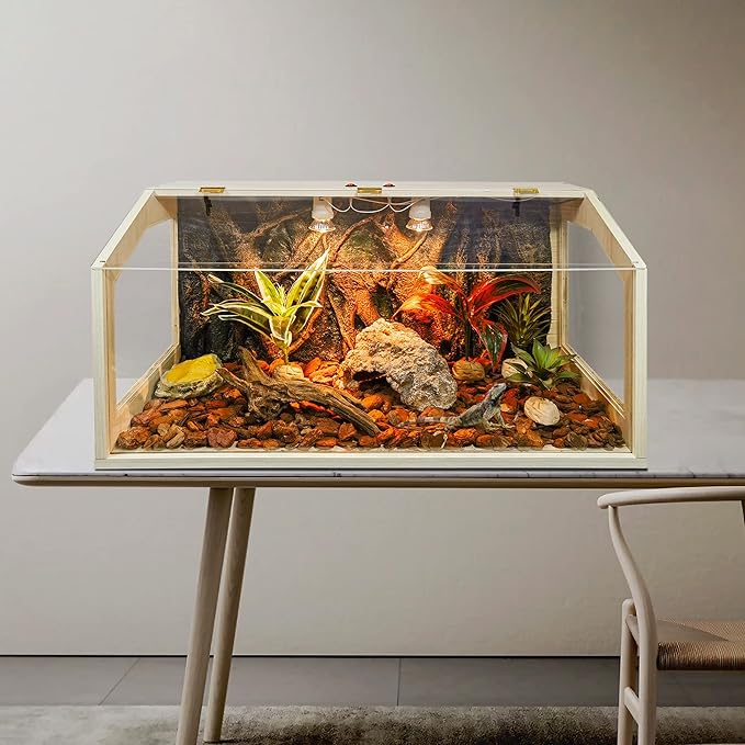 Reptile Terrarium, Lizard Tank Up to 68 Gallons, Bearded Dragon Tank with Roof Door, Snake Tank with Built-in Lamp Fixture and Switch (28 Gallon, 32" Long, Openable Wood Roof)