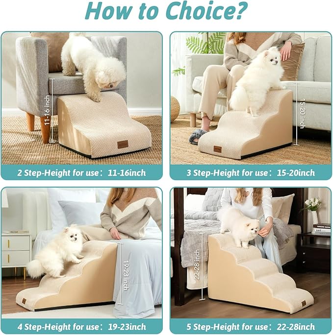 Dog Stairs for High Bed 23" H, Small Dogs Ramp with Leakproof Fabric Cover, Foam Pet Steps for Cat or Couch, Lightweight, Non-Slip, Durable, Comfort, 15.7x33x22.6in, Light Khaki, 5 Tiers