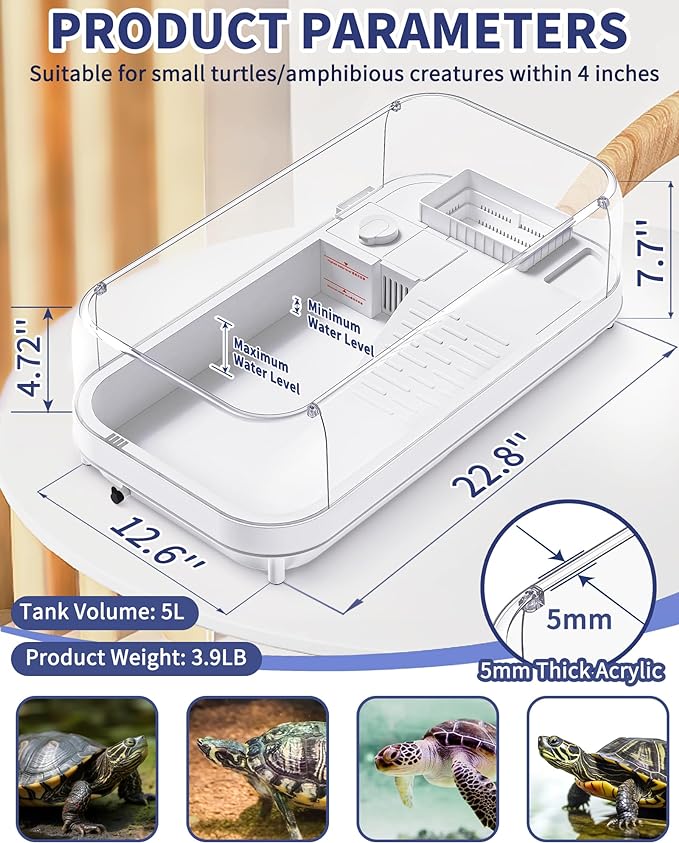 Upgrade Large Turtle Tank Kit(Tank+Light+Filter), Acrylic Turtle Tank Starter Kit with 2pcs Shower Heads, Bask Platform, Bottom Drain, Higher Fences, Multi-Function Area (L-Kit)