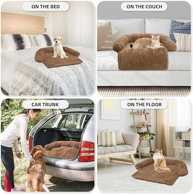Calming Dog Bed Fluffy Plush Dog Mat for Furniture Protector with Removable Washable Cover for Large Medium Small Dogs and Cats (XS(31“x27.5”x5), Light Brown)