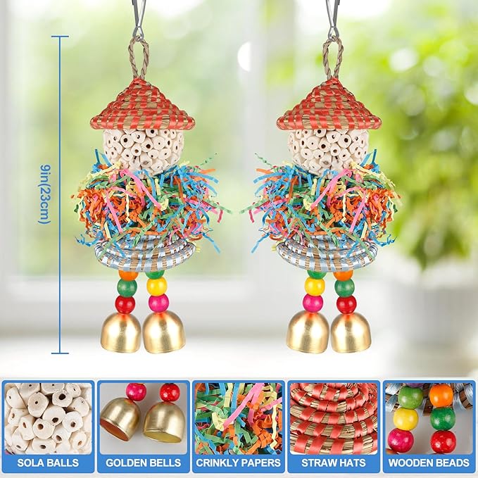 Conure Toys, Bird Toys Parrot Foraging Shredder Hanging Toys Sola Balls with Bell for Small Parrots Parakeets Cockatiel Conures Love Birds Budgie Cage Toy (Hat Girl M)