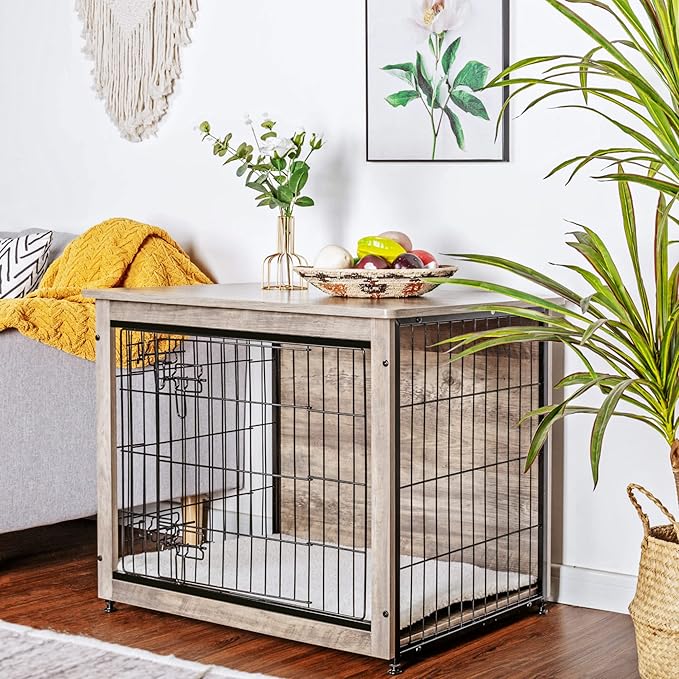 DWANTON Dog Crate Furniture with Cushion, Wooden Dog Crate with Double Doors, Dog Furniture, Indoor Dog Kennel,End Table, Medium, 32.5" L, Greige