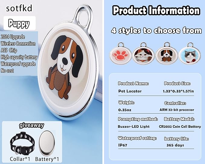 Dog Tracker-Pet Tracker-Dog Tracking Collar | No Charging Required | No Monthly Fee | Waterproof | Works with Any Collar (Android and iOS Universal)