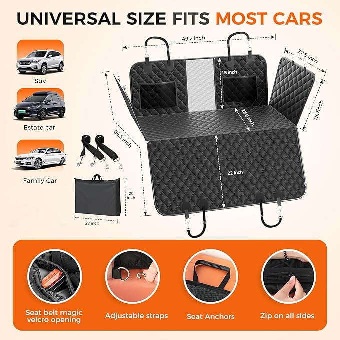 Dog Car Seat Cover for Back Seat, Waterproof Back Seat Extender for Dogs Supports 400lbs, Hard Bottom Dog Car Seat Cover with Mesh Window and Storage Pocket for Car SUV