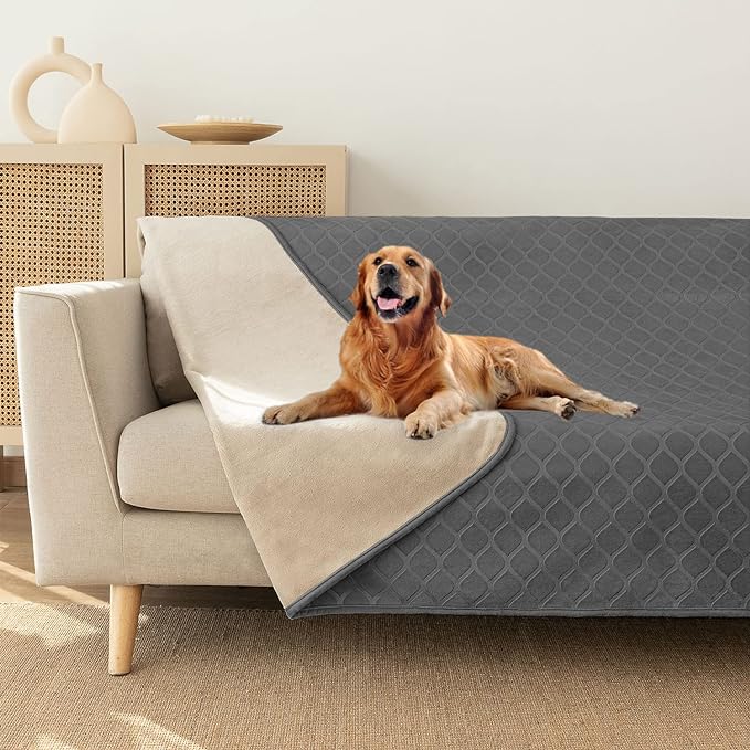 fuguitex Waterproof Dog Blanket Bed Cover Dog Crystal Velvet Moroccan Fuzzy Cozy Plush Pet Blanket Throw Blanket for Couch Sofa(82 * 82 inch, Dark grey+Beige)