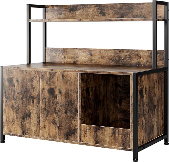 Litter Box Enclosure with Shelves, Large Hidden Litter Box with Doors, Indoor Tall Litter Box Furniture, Cat Wooden Washroom Furniture with Scratching Pad, Pet Storage Cabinet, Rustic Brown