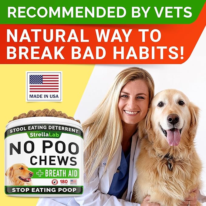 STRELLALAB No Poo Treats for Dogs - Coprophagia Stool Eating Deterrent - No Poop Eating for Dogs - Digestive Enzymes - Gut Health & Immune Support - Stop Eating Poop - Chicken Liver Flavor 180 Chews