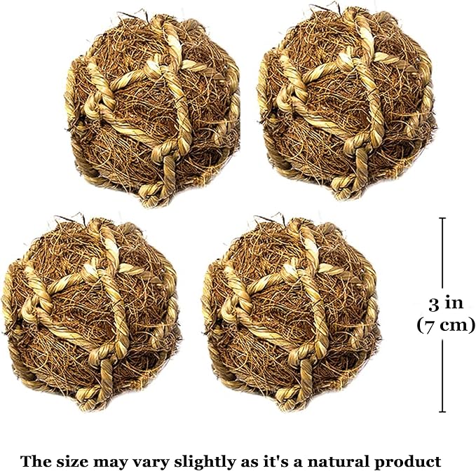 SunGrow Parrot Forager Balls, 4 Beak Care & Enrichment Treats, Bird’s Nesting, and Shredding Foot Companion, for Physical and Mental Wellness, Coconut Fiber Bird Cage Chewing Accessories, 3”