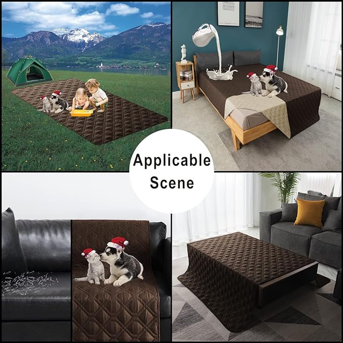 100% Waterproof Dog Bed Cover 86x82 inch Reversible Reusable Camping Mat for Kids/Pet/Dog/Cat Washable Geometric Embroidery Blanket Patchwork Brown+Beige