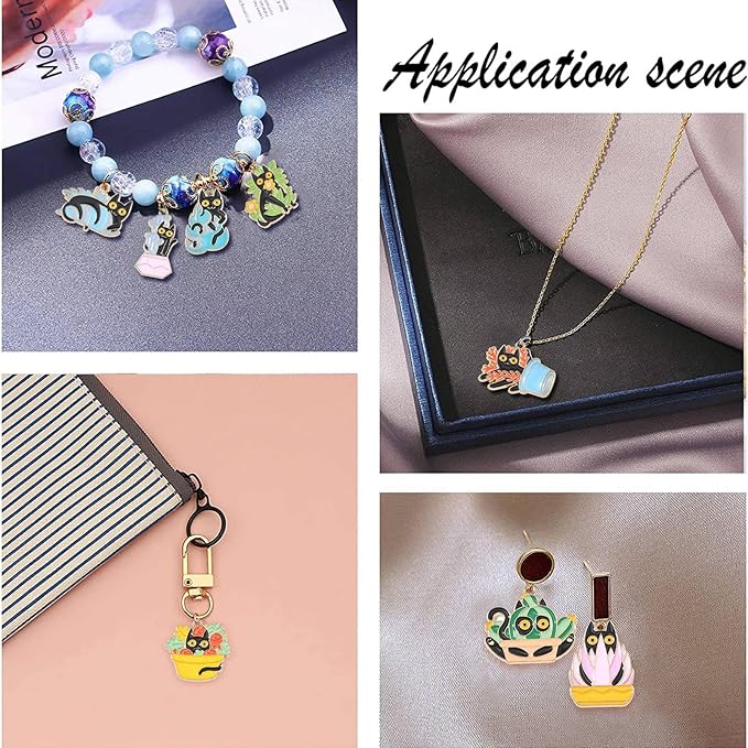LiQunSweet 24 Pcs 12 Styles Enamel Halloween Themed Animal Charms Black Cat with Potted Plant Bonsai Succulent Cactus Charms for DIY Jewelry Making