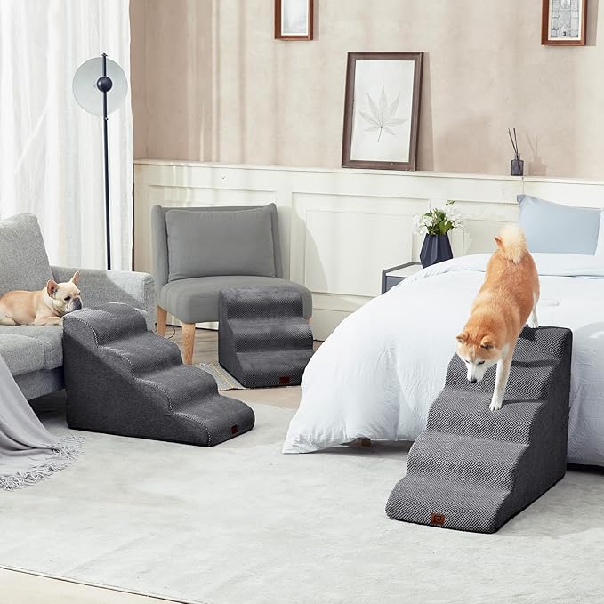 EHEYCIGA Curved Dog Stairs for High Beds 19.7" H, 4-Step Dog Steps for Small Dogs and Cats, Pet Stairs for High Bed Climbing, Non-Slip Balanced Pet Step Indoor, Grey