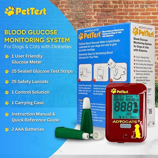 PetTest Glucose Monitoring Kit for Dogs & Cats - Classic Beginner Diabetic Pet Blood Sugar Check Kit - Includes Classic Glucose Meter, 25 Test Strips, 25 Safety Lancets, Carrying Pouch
