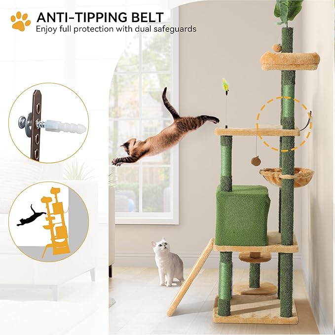YITAHOME Tall Cat Tree Tower with Leaves for Indoor Cats, 72.8in Cute Cat Climbing Tower with Self-Grooming Brush, Cat Condo, Top Perch, Basktet, Sisal Scratching Posts and Board,Toy Balls