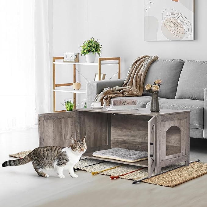 39.4" L Cat Litter Box Enclosure,Litter Box Furniture Hidden with Barn Door,Wooden Cat Washroom Furniture,Cat House,Fit Most of Litter Box, Greige