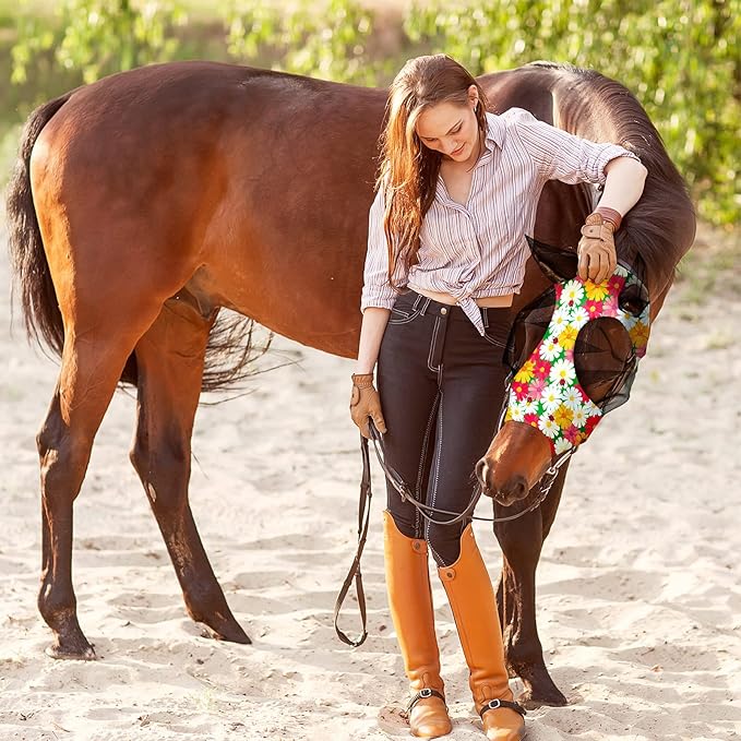 Frienda 4 Pieces Horse Fly Masks for Horses Horse Fly Mask with Ears Face Covering Elasticity Smooth and Comfortable Horse Mask with UV Protection(Medium, Flower)