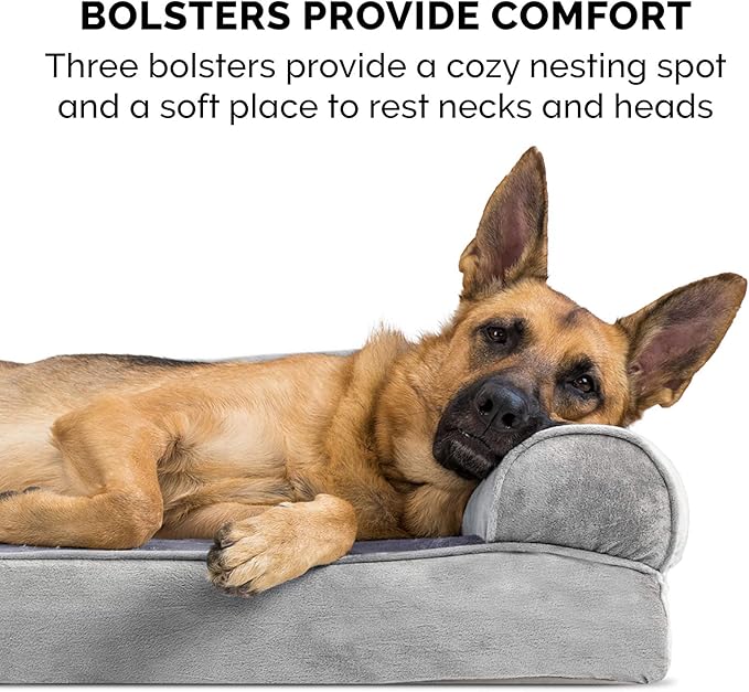 Furhaven Orthopedic Dog Bed for Large Dogs w/ Removable Bolsters & Washable Cover, For Dogs Up to 95 lbs - Faux Fur & Velvet Sofa - Smoke Gray, Jumbo/XL