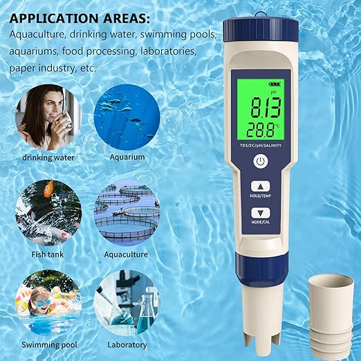 PH Meter, 5 in 1 PH/TDS/EC/Salinity/Temp Meter with ATC, 0.01 Resolution High Accuracy Water Testing for Drinking Water, Hydroponics, Seawater, Aquariums, Fish Tank and Swimming Pools