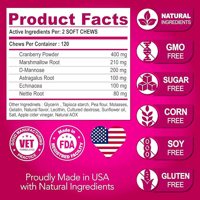 Dog UTI Treatment - Cranberry Supplement for Dogs UTI - Bladder Control for Dogs - Dog Urinary Tract Infection Treatment - UTI Medicine for Dogs - Dog Cranberry Supplement Vitamins Multivitamin Chews