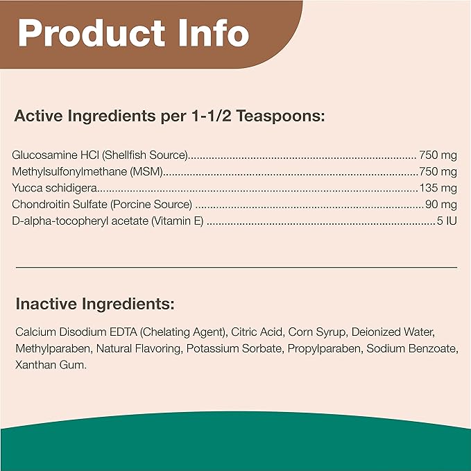 NaturVet Glucosamine DS Plus Hip & Joint Support Liquid Pet Supplement – Level 2 Moderate Care for Dogs & Cats – Includes Glucosamine, MSM, Chondroitin – 8 Oz.