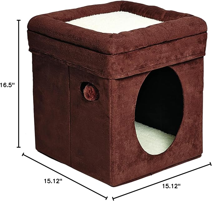 MidWest Homes for Pets 137-BR 'The Original' Curious Cat Cube, Cat House / Cat Condo in Brown Faux Suede & Synthetic Sheepskin