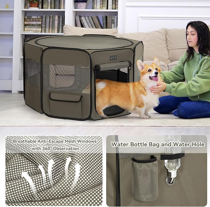 PETSFIT Puppy Playpen, 29.5" Dia Sturdy Foldable cat Playpen for Small Pets Indoor/Outdoor, Portable Pet Playpen with Carring Case, Removable Mesh Zipper Top and Waterproof Playpen Mat Grey-Black S