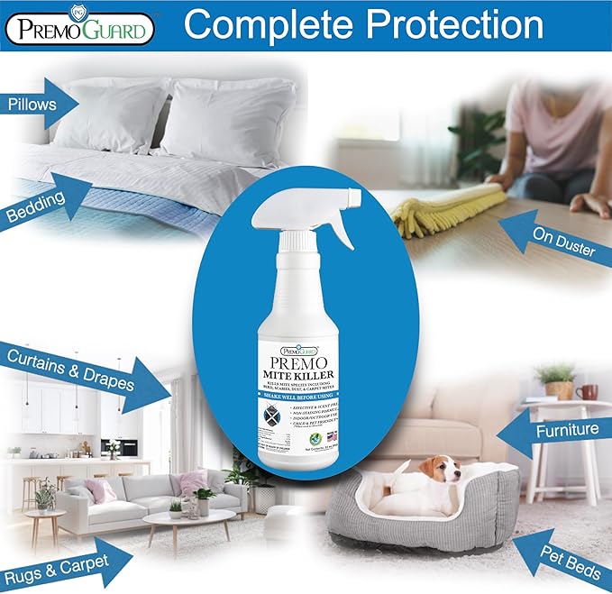 Mite Killer Spray by Premo Guard – 32 oz – Treatment for Dust Spider Bird Rat Mouse Carpet and Scabies Mites – Fast Acting 100% Effective – Child & Pet Safe – Best Natural Extended Protection