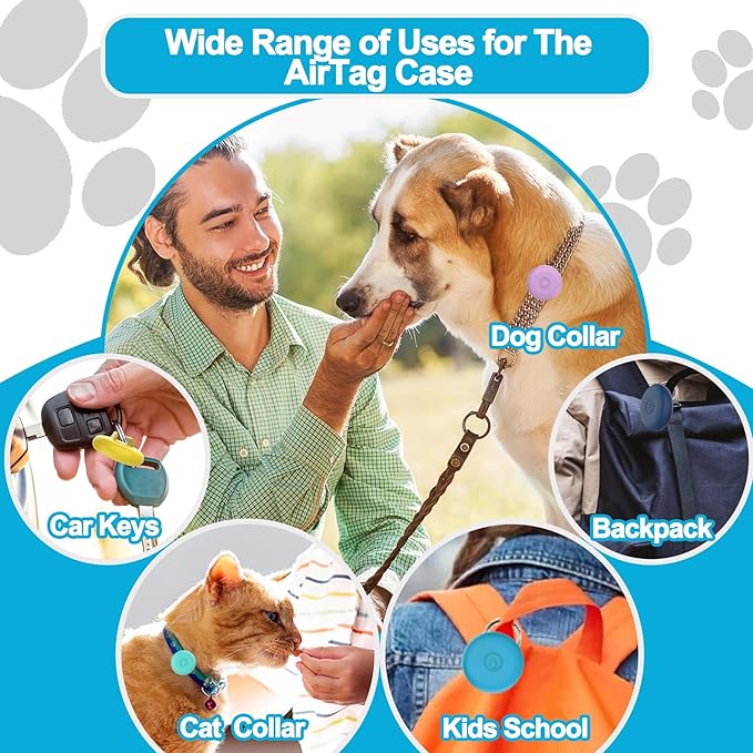 IPX8 Waterproof AirTag Dog Collar Holder, Hidden Air Tag Case for Cat Collar, Anti-Lost Silicone Cover for AirTag GPS Tracker Compatible with Pets Loop, Fits All Width Collars(Sky Blue L)