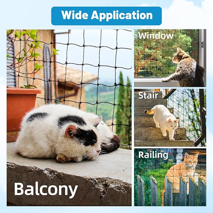Cat Netting Balcony, 10x13ft Steel Wire Reinforced Balcony Screen for Pets, Anti-fall Pet Mesh Fence Cat Safety Net for Balcony, Window, Stair, Patio