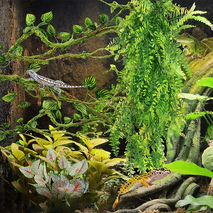 Reptile Plants, Terrarium Hanging Plant Vines Artificial Leaves Reptile Hide, Leopard Gecko Tank Accessories, Terrarium Decorations for Bearded Dragon Lizard Snake Geckos Chameleon