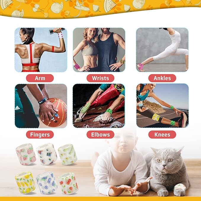 Vet Wrap Cute Fruit Self Adhesive Bandage Wrap, 6 Pack Adhesive Non Woven Bandage Wrap, Breathable Self Stick Bandages Wrap, 2 Inch Paw Bandages for Dog Cat Horse Pet Animals Wounds