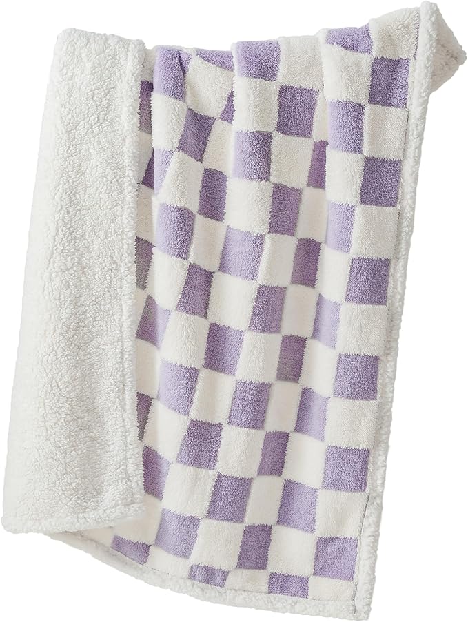 Lesure Waterproof Dog Blanket for Large Dogs - Washable Double Sided Dog Blankets with Warm Jacquard Shag and Soft Sherpa Fleece, Pet Cat blanket for Queen Bed Protection, 3D Textured Checks, Purple