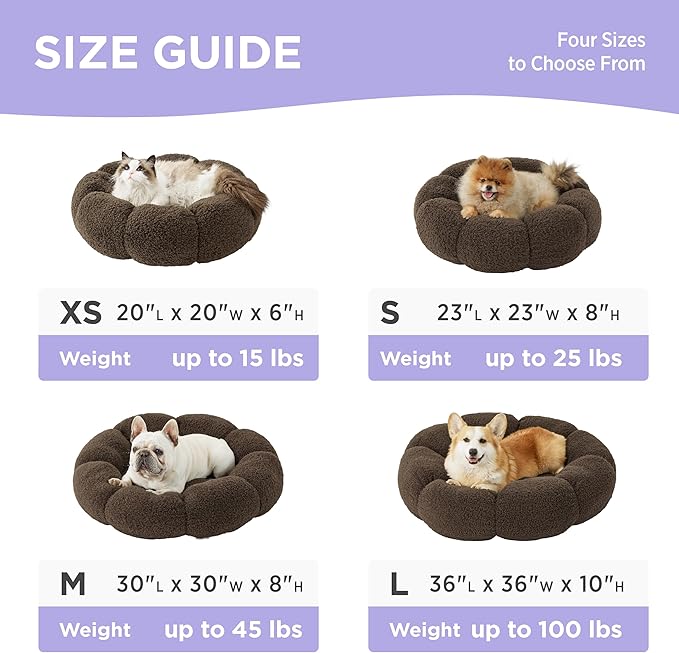 Lesure Calming Medium Dog Bed - Flower Donut Round Fluffy Puppy Bed in Plush Teddy Sherpa, Non-Slip Cute Flower Cat Bed for Indoor Cat, Medium Pet Bed Fits up to 45 lbs, Machine Washable, Espresso 30"