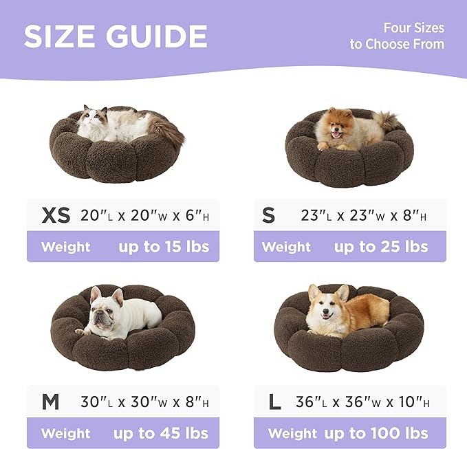 Lesure Calming Large Dog Bed - Flower Donut Round Fluffy Puppy Bed in Plush Teddy Sherpa, Non-Slip Cute Flower Dog Beds, Large Pet Bed Fits up to 100 lbs, Machine Washable, Espresso 36"