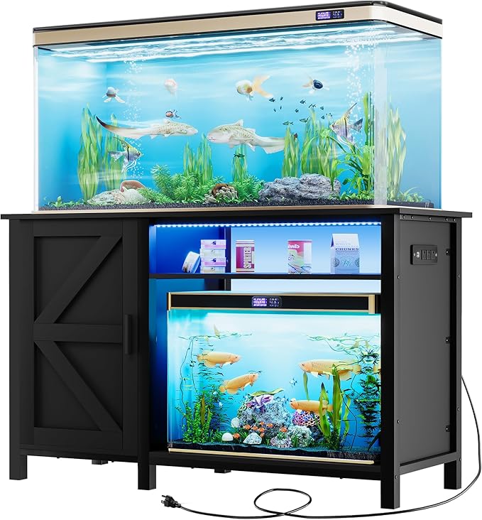YITAHOME Aquarium Stand with Power Outlets, 55-75 Gallon Fish Tank Stand, Cabinet with RGB Light Strip Suitable for Turtle Tank, Reptile Terrarium, 900LBS Capacity, Black
