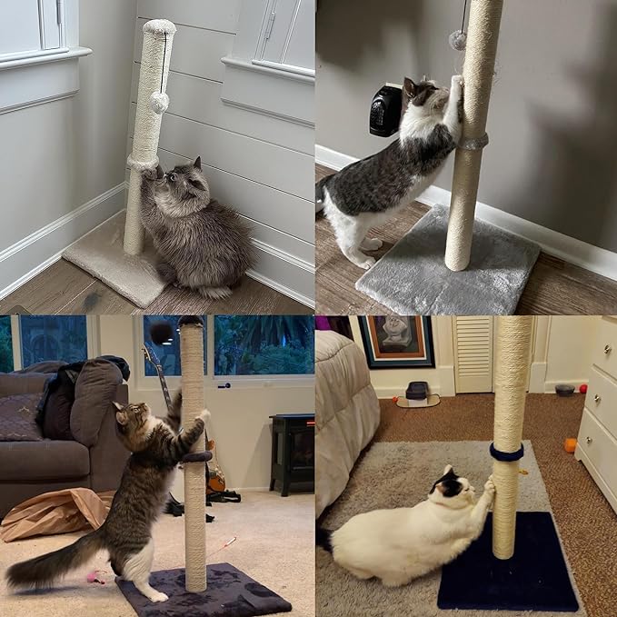 Tall Cat Scratching Post 34” Basic Vertical Scratcher for Indoor Cats and Kittens, Cat Scratch with Sturdy Sisal Rope and Hanging Ball, Large Heavy Plush Base (Light Brown)