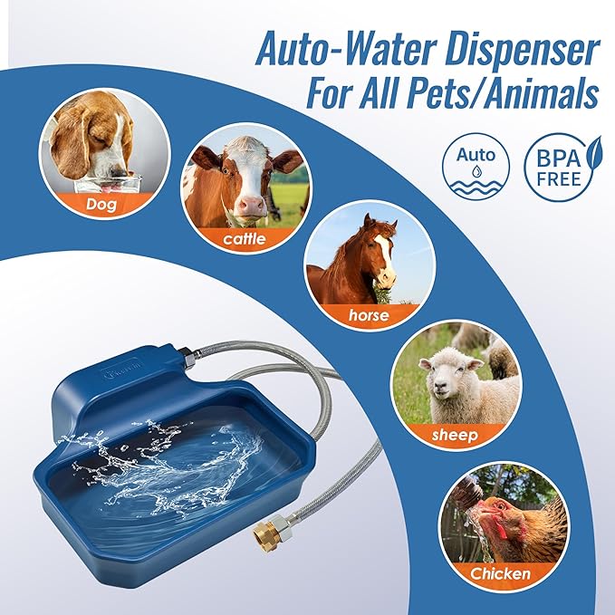 Automatic Dog Water Bowl Dispenser, 1 Gallon Dog Water Bowl for Outdoor, Big Water Feeder, Large Waterer for Pets & Livestock, Food Grade Material, Water Auto-Refill, Fit 3/4" Faucet, Blue