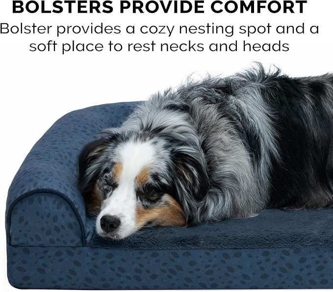 Furhaven Memory Foam Dog Bed for Large Dogs w/ Removable Bolsters & Washable Cover, For Dogs Up to 95 lbs - Plush & Almond Print L Shaped Chaise - Blue Almonds, Jumbo/XL
