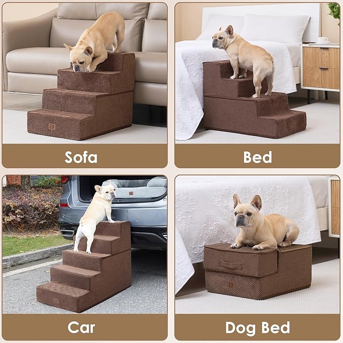 EHEYCIGA Dog Stairs for Small Dogs 13.5" H, 3-Step Dog Steps for Couch Sofa and Chair, Pet Steps for Small Dogs and Cats, Non-Slip Balanced Dog Indoor Ramp, Brown