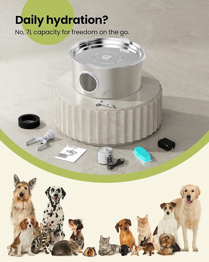 7L/1.8Gal/236oz Dog Water Fountain for Large Dog - Stainless Steel Automatic pet Drinking Dispenser with 4 Filters, Quiet Indoor Animal Watering Fountains for Pets, Metal water Bowls for Cats and Dogs