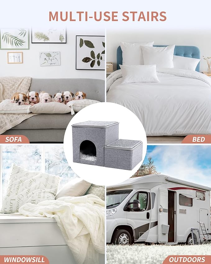 Made4Pets Cat Stairs for Bed, Pet Steps Puppy Dog Ladder for Old Cats, Doggie Step Stool for Small Dogs with Storage, Dog Ramps for Sofa High Beds, Foldable Doggy Bed Stair Perch for Couch Window