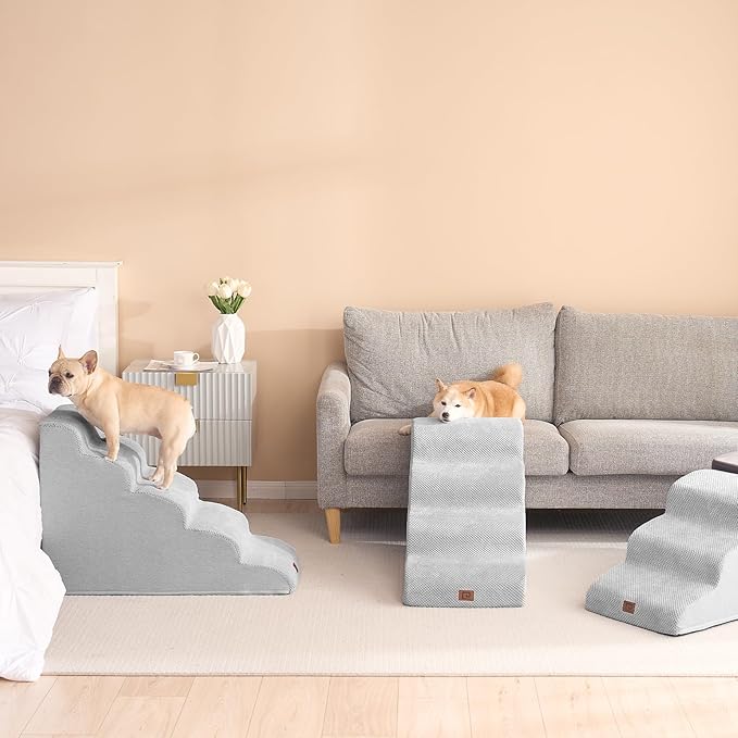 EHEYCIGA Curved Dog Stairs for High Beds 22.6" H, 5-Step Dog Steps for Small Dogs and Cats, Pet Stairs for High Bed Climbing, Non-Slip Balanced Pet Step Indoor, Light Grey