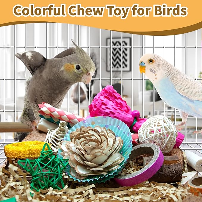 Colorful Bird Foraging & Shredding Toys Box - Interactive Chewing and Foraging Toys for Parakeets, Cockatiels, Conures, Love Birds, and Small to Medium Birds